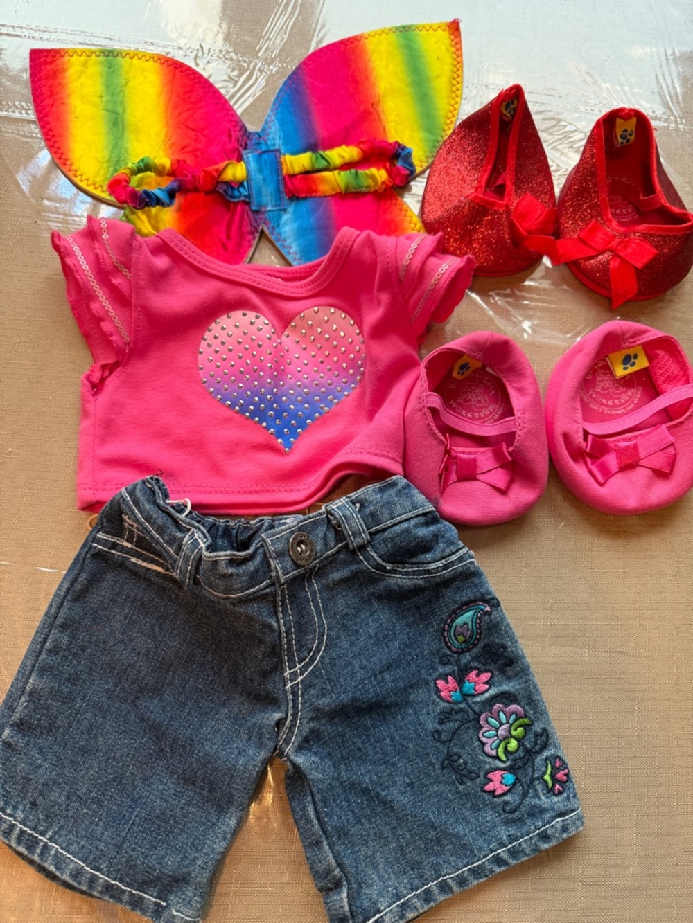 Build a bear Rainbow Bow & Pink Heart Doll Outfit with Embroidered Denim Shorts
